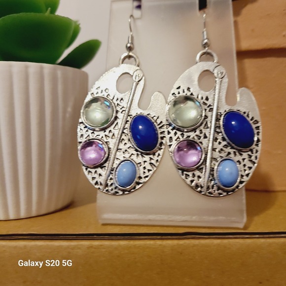 Handmade Art Palette Earrings Multi Color Gemstones Silver Tone Dangle 2.5" - Picture 2 of 4